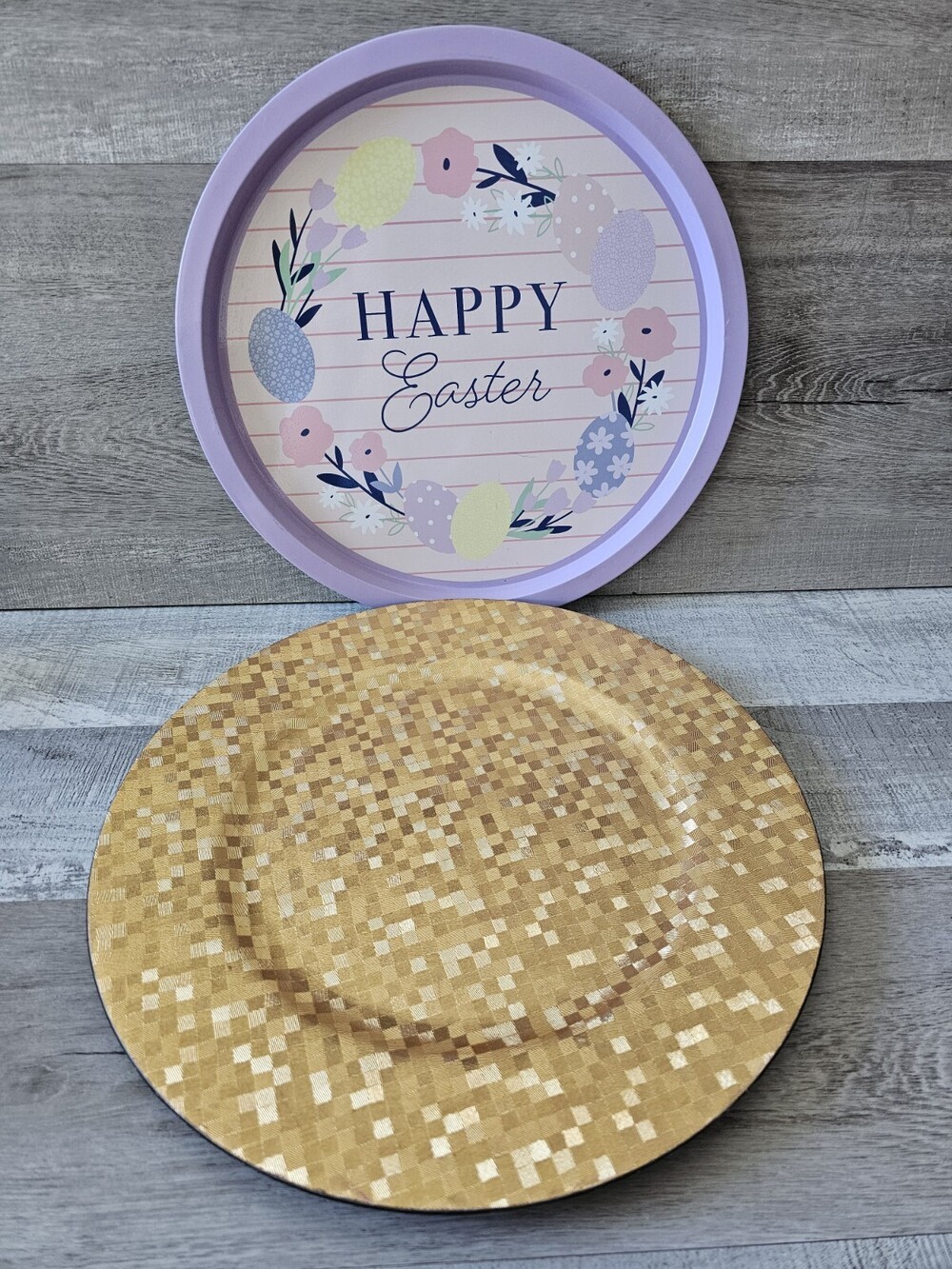 Easter Flowers Round Metal Tray Whimsical Eggs & Gold 12.5" Serving Tray Lot